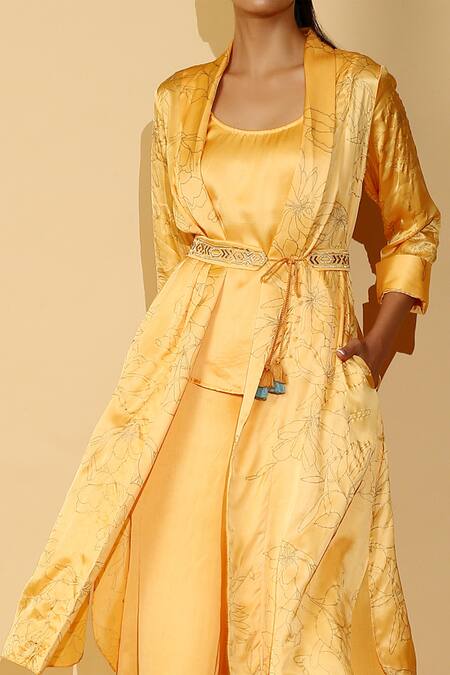 Madder Much_Yellow 65% Cupro 35% Modal Floral Open Molly Printed Jacket And Pant Set_Online_at_Aza_Fashions
