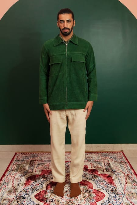 Artless_Green Organic Corduroy Frosty Ferns Full Sleeved Jacket_at_Aza_Fashions