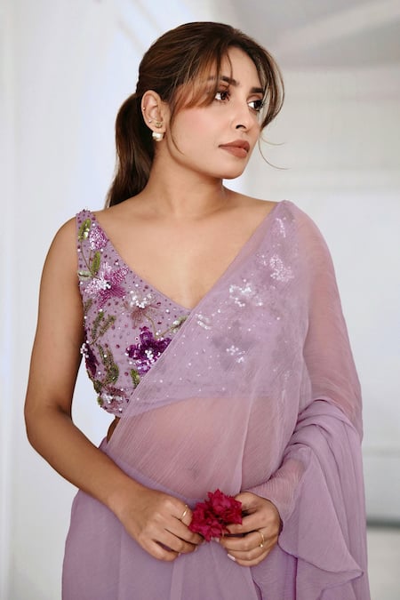 Amrta By Guneet Kondal_Purple Chiffon, Viscose Beads, Sequins, Pleated And Pre-draped Saree With Blouse _Online_at_Aza_Fashions