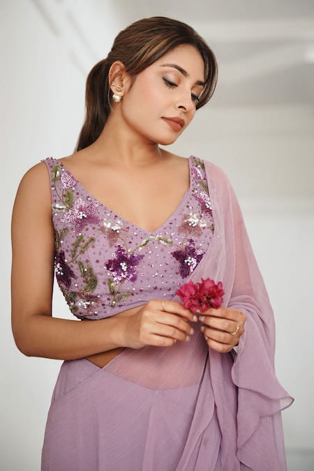Buy_Amrta By Guneet Kondal_Purple Chiffon, Viscose Beads, Sequins, Pleated And Pre-draped Saree With Blouse _Online_at_Aza_Fashions
