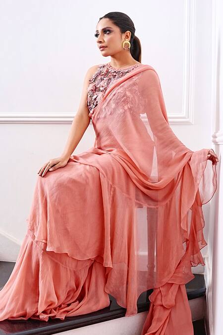 Amrta By Guneet Kondal Pink Viscose, Chiffon Sequins, Ruffle Pre-draped Saree With Embroidered Blouse Online at Aza Fashions Amrta By Guneet Kondal_Pink Viscose, Chiffon Sequins, Ruffle Pre-draped Saree With Embroidered Blouse _Online_at_Aza_Fashions