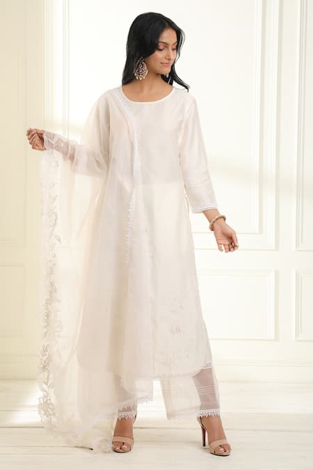 Omana By Ranjana Bothra Ivory Chanderi, Organza Embroidery Round Neck Gul Kurta Set Online at Aza Fashions Omana By Ranjana Bothra_Ivory Chanderi, Organza Embroidery Round Neck Gul Kurta Set _Online_at_Aza_Fashions