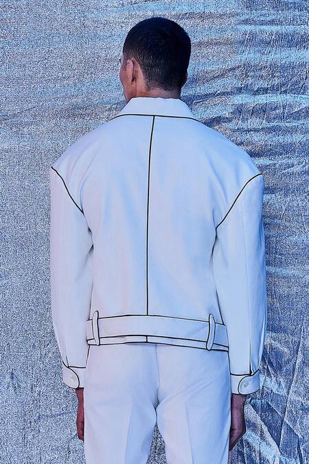 Buy_Line Out Line_Off White Cotton Embroidered Patch Work And Piping Asymmetric Bomber Jacket_Online_at_Aza_Fashions