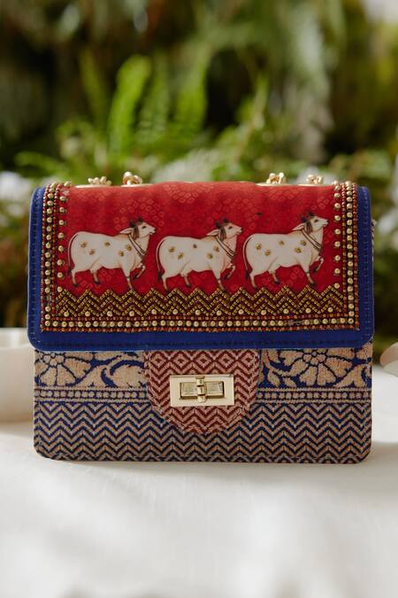 The Garnish Company_Red Beads, Embroidery Khillari Printed Sling Bag _Online_at_Aza_Fashions