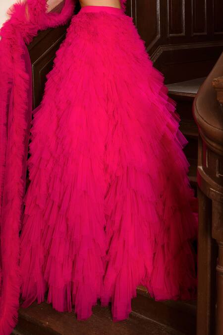 Nadine Dhody Pink Tulle Sequins, Beads, Tassels Round Neck Chloe Ruffled Lehenga Set Online at Aza Fashions Nadine Dhody_Pink Tulle Sequins, Beads, Tassels Round Neck Chloe Ruffled Lehenga Set _Online_at_Aza_Fashions