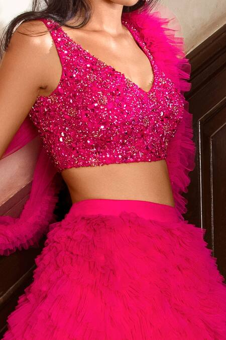 Buy Nadine Dhody Pink Tulle Sequins, Beads, Tassels Round Neck Chloe Ruffled Lehenga Set Online at Aza Fashions Buy_Nadine Dhody_Pink Tulle Sequins, Beads, Tassels Round Neck Chloe Ruffled Lehenga Set _Online_at_Aza_Fashions