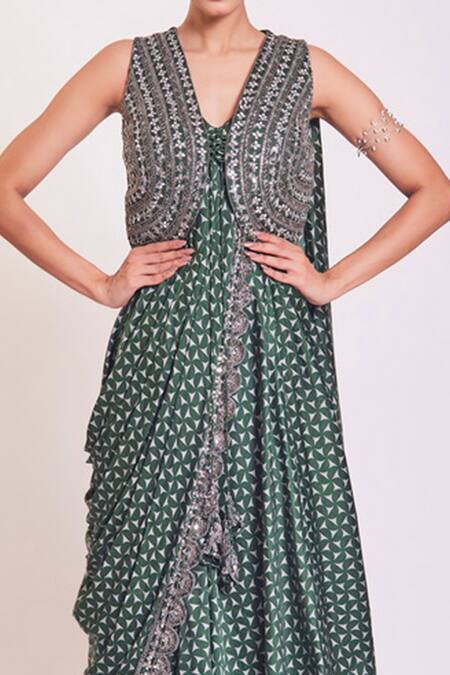 Onaya_Green Satin Geometric Print Saree Gown_at_Aza_Fashions