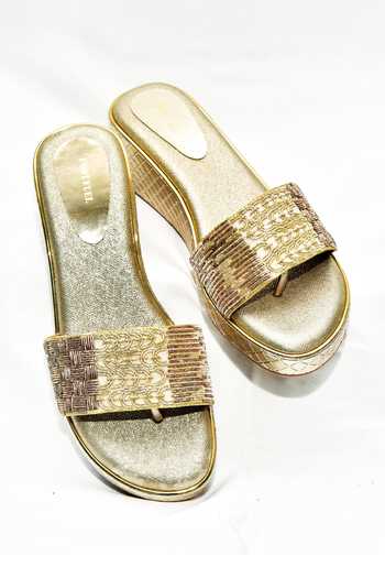 Foot Fuel_Gold Zari Avi Bead Embellished Wedges _Online_at_Aza_Fashions