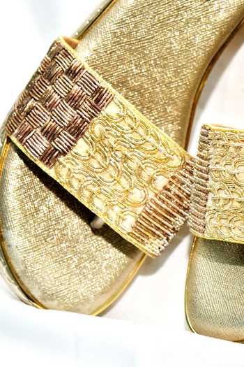 Foot Fuel_Gold Zari Avi Bead Embellished Wedges _at_Aza_Fashions