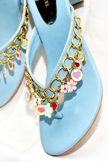Foot Fuel_Blue Chains, Fabric Flowers Ira Round Toe Embellished Heels _Online_at_Aza_Fashions