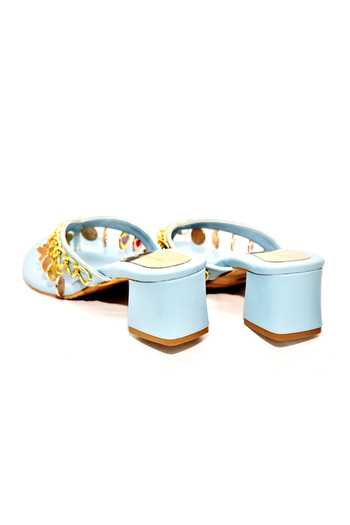 Foot Fuel_Blue Chains, Fabric Flowers Ira Round Toe Embellished Heels _at_Aza_Fashions
