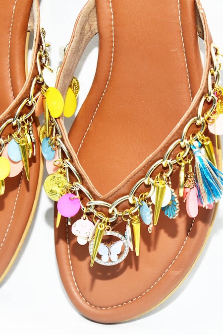 Foot Fuel_Brown Pembe Chain Embellished Flats _Online_at_Aza_Fashions