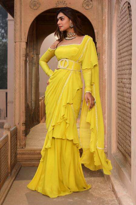 Shop_Dheeru Taneja_Green Net, Crepe Beads Round Neck Gazal Pre-draped Saree With Blouse _Online_at_Aza_Fashions