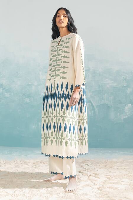 Buy_Ikai By Ragini Ahuja_Ivory Cotton, Silk, Chanderi Applique Bandeau Neck Nile Gathered Back Kurta_Online_at_Aza_Fashions