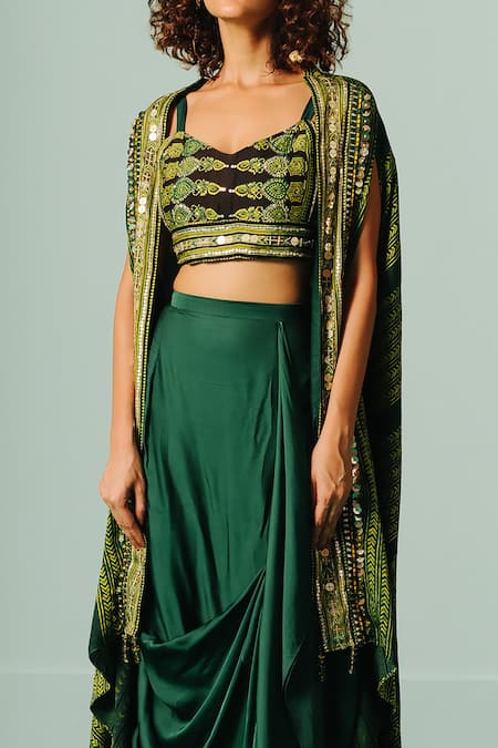 Shop Prahnaaya Green Satin Sequins, Embroidery Sweetheart Neck Printed Cape And Draped Skirt Set Online at Aza Fashions Shop_Prahnaaya_Green Satin Sequins, Embroidery Sweetheart Neck Printed Cape And Draped Skirt Set _Online_at_Aza_Fashions
