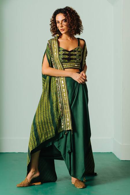 Buy Prahnaaya Green Satin Sequins, Embroidery Sweetheart Neck Printed Cape And Draped Skirt Set Online at Aza Fashions Buy_Prahnaaya_Green Satin Sequins, Embroidery Sweetheart Neck Printed Cape And Draped Skirt Set _Online_at_Aza_Fashions