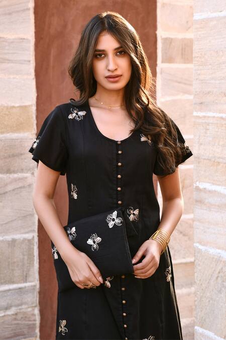 Buy_Gulaal_Black Cotton Fabric Flowers Round Neck Embroidered Dress _Online_at_Aza_Fashions
