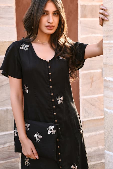 Shop_Gulaal_Black Cotton Fabric Flowers Round Neck Embroidered Dress _Online_at_Aza_Fashions