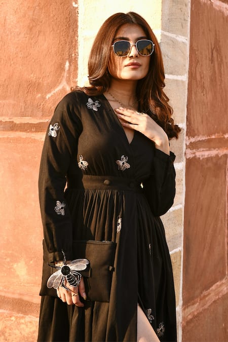 Gulaal_Black Cotton Embroidery V-neck Dress _at_Aza_Fashions