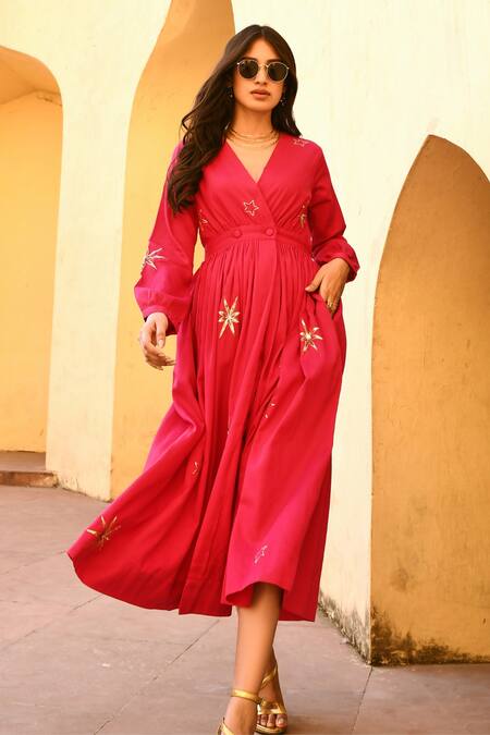 Gulaal_Pink Cotton Embroidery V-neck Midi Dress _at_Aza_Fashions