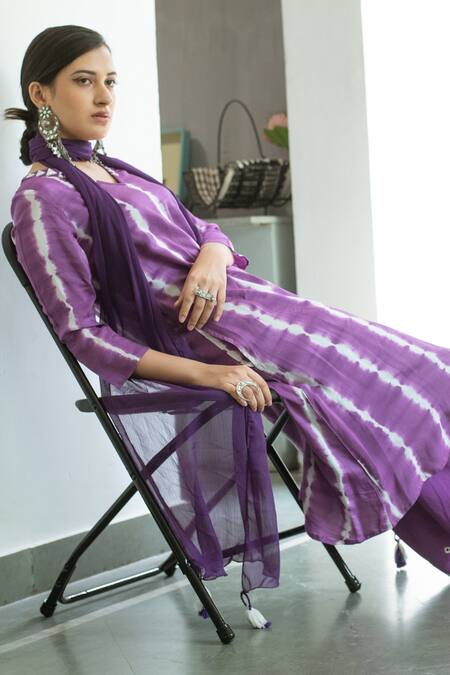 Shop_Gulaal_Purple Muslin, Cotton Satin, Chiffon Mirrors, Embroidery, Kurta Palazzo Set_Online_at_Aza_Fashions