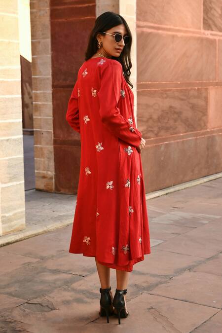 Gulaal_Red Cotton Cut Work, Embroidery Front-open Jacket _Online_at_Aza_Fashions