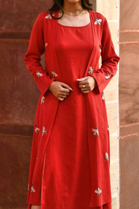 Buy_Gulaal_Red Cotton Cut Work, Embroidery Front-open Jacket _Online_at_Aza_Fashions