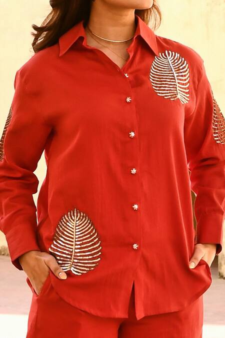 Gulaal_Red Cotton Zari, Sequins Collared Hand Embroidered Shirt And Pant Set _at_Aza_Fashions