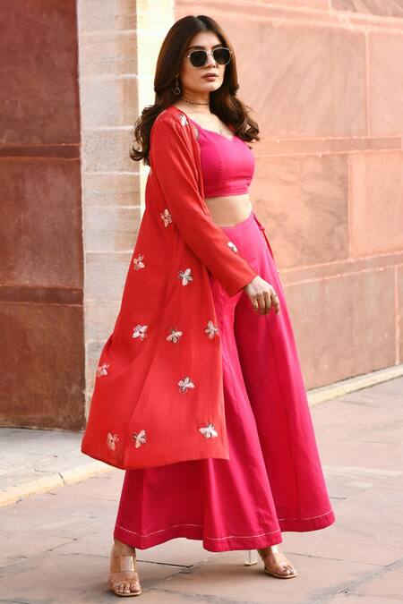 Shop_Gulaal_Red Cotton Cut Work, Embroidery V-neck Hand Palazzo Set With Cover-up _Online_at_Aza_Fashions