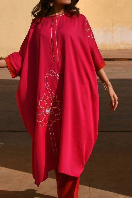 Shop_Gulaal_Pink Cotton Sequins Round Neck Hand Embroidered Kaftan And Pant Set _Online_at_Aza_Fashions