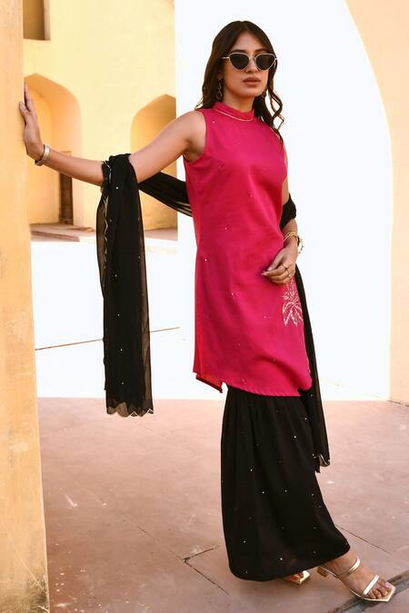 Buy_Gulaal_Pink Cotton, Georgette Sequins High Neck Hand Embroidered Kurta Sharara Set _Online_at_Aza_Fashions