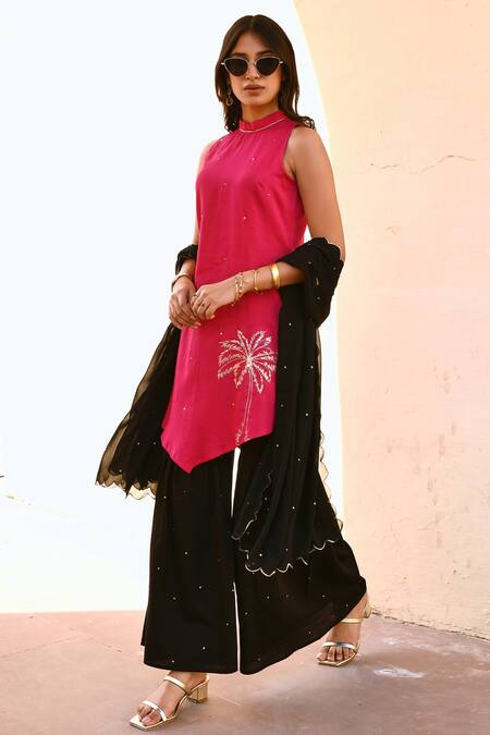 Shop_Gulaal_Pink Cotton, Georgette Sequins High Neck Hand Embroidered Kurta Sharara Set _Online_at_Aza_Fashions