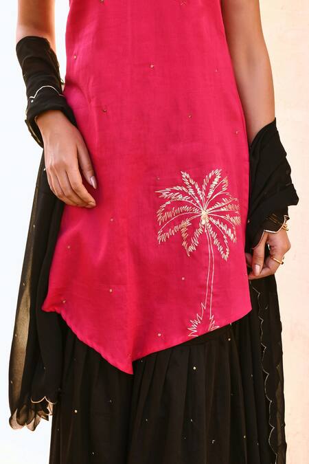 Gulaal_Pink Cotton, Georgette Sequins High Neck Hand Embroidered Kurta Sharara Set _at_Aza_Fashions