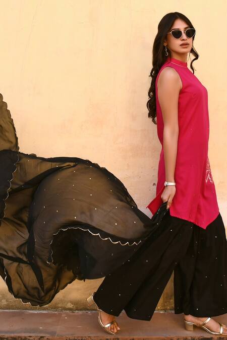 Buy_Gulaal_Pink Cotton, Georgette Sequins High Neck Hand Embroidered Kurta Sharara Set 