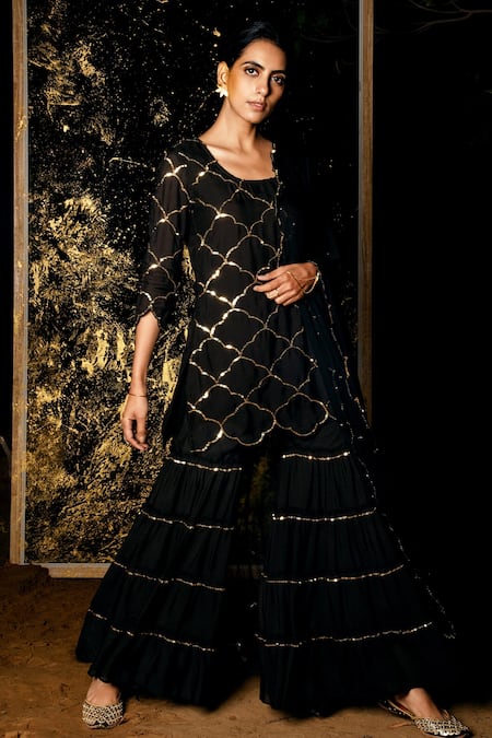 Gulaal_Black Muslin, Silk, Chiffon Sequins Hand Embroidered Short Kurta Sharara Set _Online_at_Aza_Fashions