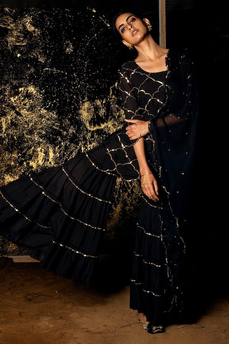 Buy_Gulaal_Black Muslin, Silk, Chiffon Sequins Hand Embroidered Short Kurta Sharara Set _Online_at_Aza_Fashions