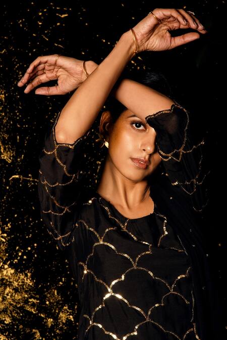 Shop_Gulaal_Black Muslin, Silk, Chiffon Sequins Hand Embroidered Short Kurta Sharara Set _Online_at_Aza_Fashions