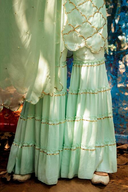Gulaal_Green Muslin, Silk, Chiffon Sequins Round Embroidered Short Kurta Sharara Set _Online_at_Aza_Fashions