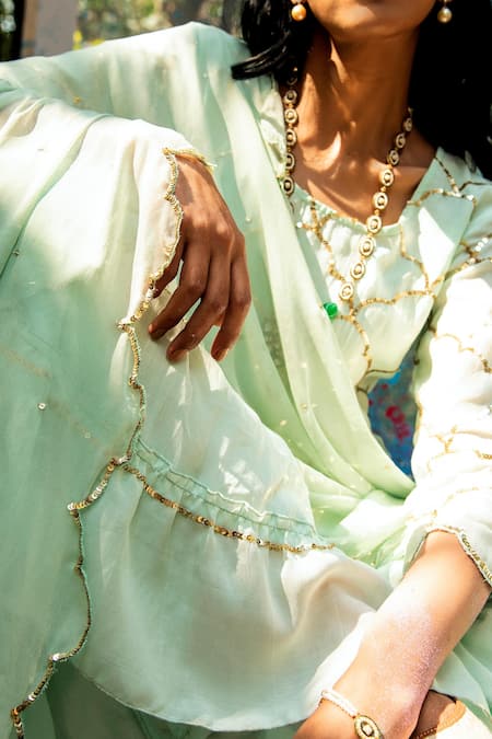 Buy_Gulaal_Green Muslin, Silk, Chiffon Sequins Round Embroidered Short Kurta Sharara Set _Online_at_Aza_Fashions