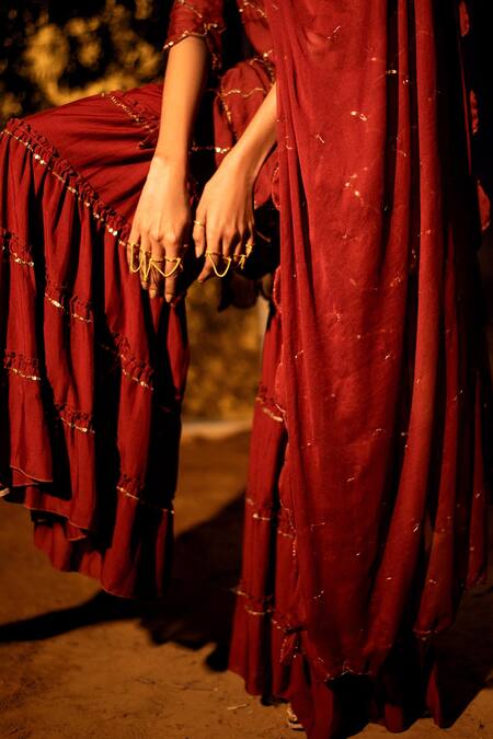 Gulaal_Brown Muslin, Silk, Chiffon Sequins Round Neck Work Short Kurta Sharara Set _Online_at_Aza_Fashions