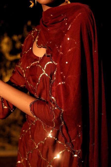 Buy_Gulaal_Brown Muslin, Silk, Chiffon Sequins Round Neck Work Short Kurta Sharara Set _Online_at_Aza_Fashions