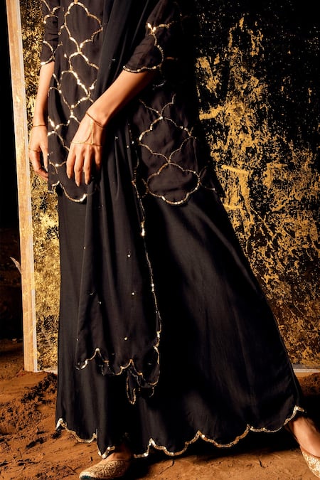 Buy_Gulaal_Black Muslin, Silk, Chiffon Sequins, Hand Embroidered Short Kurta Palazzo Set _Online_at_Aza_Fashions