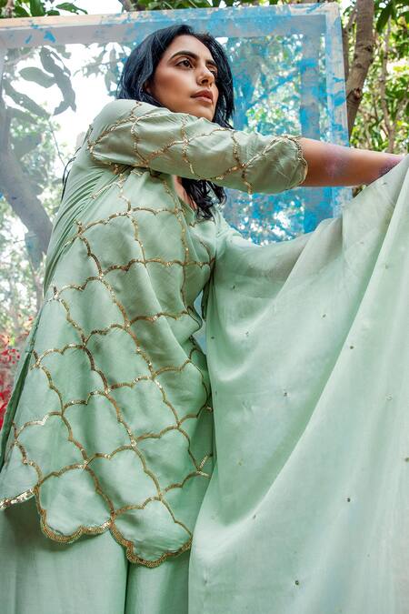 Buy_Gulaal_Green Muslin, Silk, Chiffon Sequins, Embroidery Round Short Kurta Palazzo Set _Online_at_Aza_Fashions