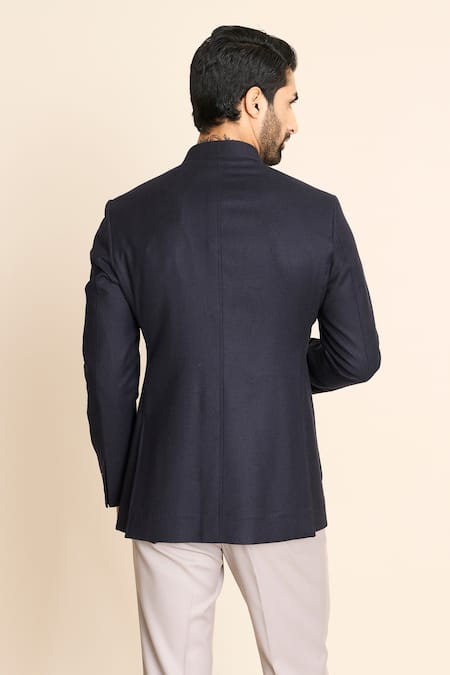 Gargee Designers_Blue Wool, Flannel Patch Pocket Bandhgala _Online_at_Aza_Fashions