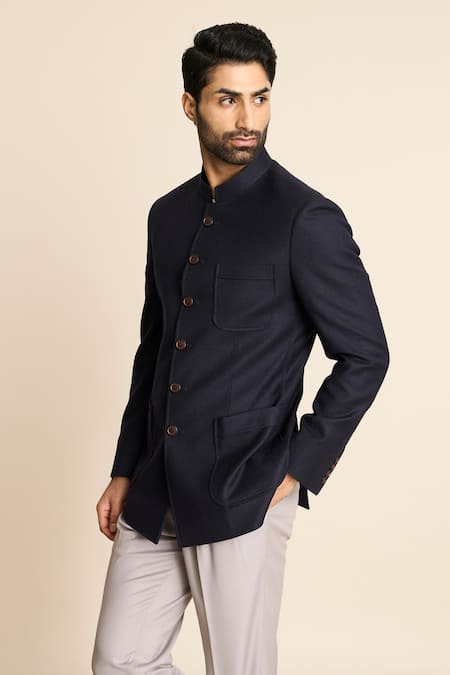 Buy_Gargee Designers_Blue Wool, Flannel Patch Pocket Bandhgala _Online_at_Aza_Fashions