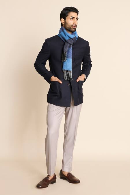 Buy_Gargee Designers_Blue Wool, Flannel Patch Pocket Bandhgala 