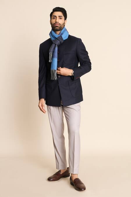 Shop_Gargee Designers_Blue Wool, Flannel Patch Pocket Bandhgala 