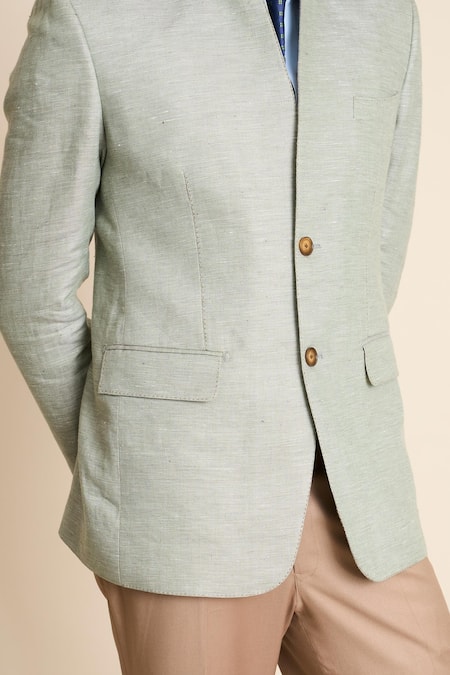 Gargee Designers_Green Pure Linen Barchetta Pocket Bandhgala_Online_at_Aza_Fashions