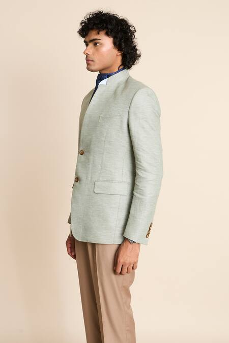 Shop_Gargee Designers_Green Pure Linen Barchetta Pocket Bandhgala_Online_at_Aza_Fashions