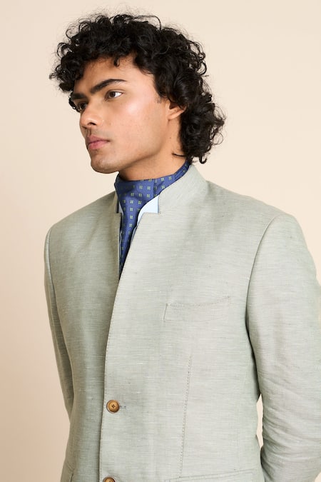 Buy_Gargee Designers_Green Pure Linen Barchetta Pocket Bandhgala